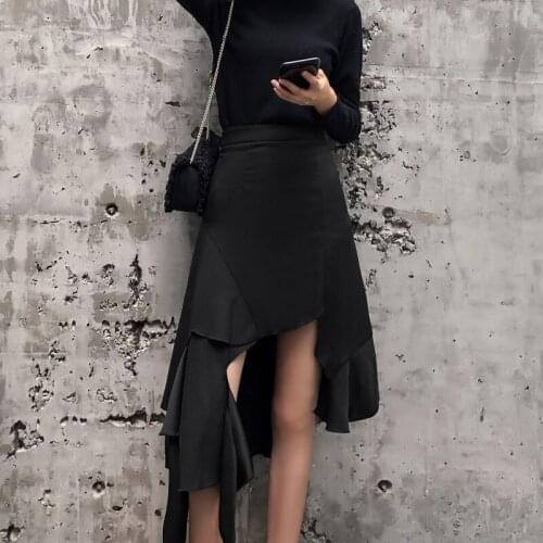 Korean Elegant OL All-Match Skirts for Women Solid Chic Bottoms 2021 Womens Summer High Waist Irregular Black Fishtail Skirt