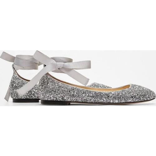 Silver Ballet Flats Shoes Women 2021 Autumn Sequined Cloth Ankle Strap Lace-up Wedding Shoes Bridal Bridesmaid Shoes Dance Shoe