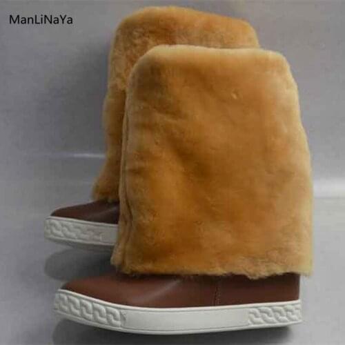 2018 Full Fur Women Boots Winter Plush Round Toe Women Winter Warm Snow Boots Height Increasing Mid-Calf Slip on Ladies Boots