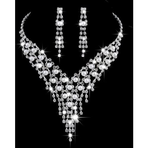 Luxury Long Tassels Jewelry Pearl Necklace Earing Set Crystal Zircon Wedding Bridal Jewelry Sets For Women Bijoux Mariage Zestaw