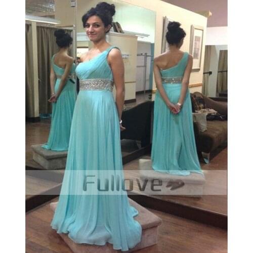 One Shoulder Crystal Prom Dress Long 2019 Pleat Beaded Sky Blue Formal Prom Dresses Party Gowns Vestido De Festa Robe De Soiree