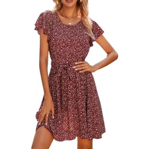 Women Casual Dress Maroon Floral Printed Pattern Round Collar Short Sleeve
