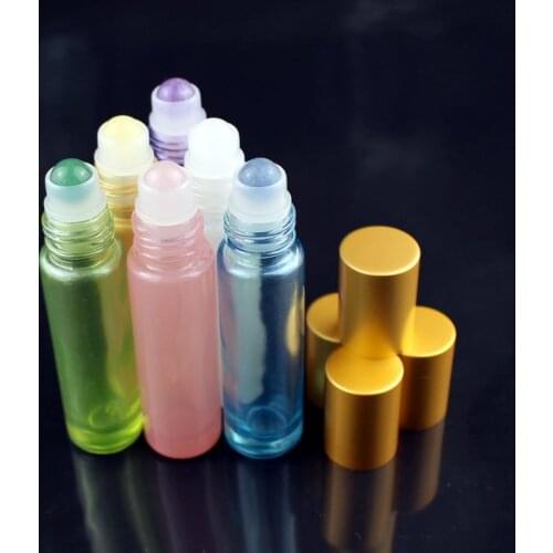 6pcs 10ml Colorful Glass Essential Oil Bottle with Natural Gemstone Roller Ball Empty Refillable Perfume Bottles Liquid Roll On