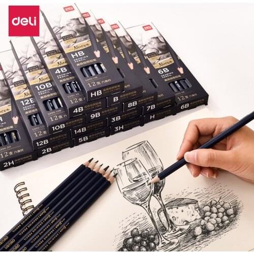 12pcs / box Deli s999, h, HB; 2H; 3H; B; 2B; 3B; 4B advanced graphite sketch pen, non-toxic pencil, student office stationery