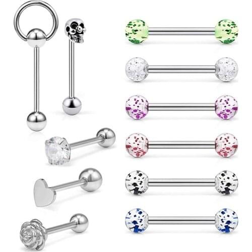 13Pcs 14G Surgical Steel Tongue Bars Rings Set 16mm Barbell Piercing with Skull/Flower/Heart/Clear CZ/Glitter Ball