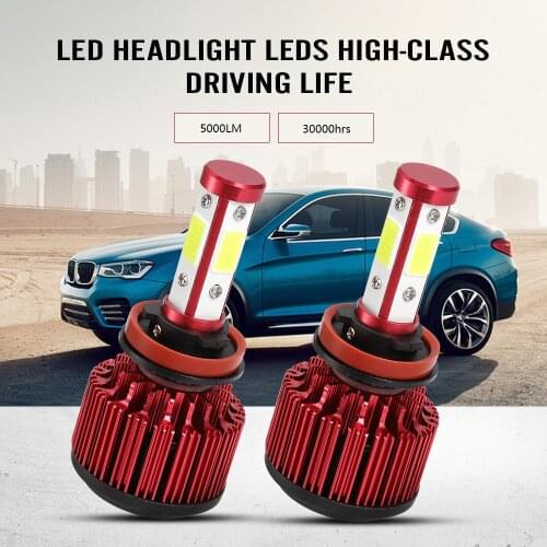2 Pcs 52W Car LED Headlight Bulbs 5000lm 6500K 9005 9006 H11 Auto Headlamp 4 Sides COB Led Fog Light Lamp Red