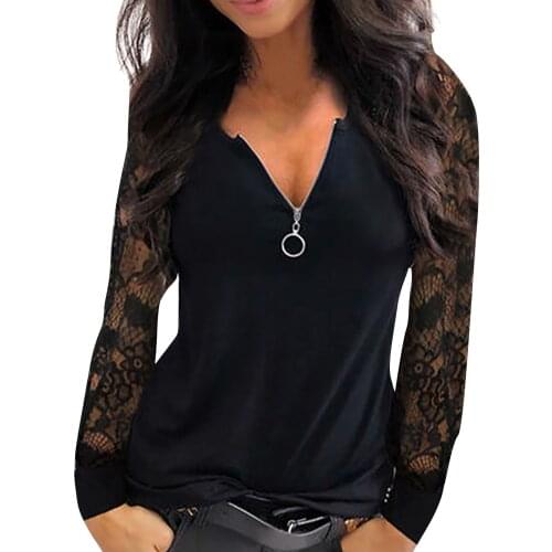 40# Fashion Womens Lace Mesh Casual Blouses Sexy Elegant Stitching V-neck Zipper Long Sleeve Vintage Shirts Tops Рубашка Женская