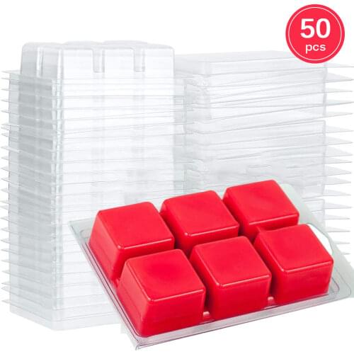 50 Packs Wax Melt Clamshells Molds Square, 6 Cavity Clear Plastic Cube Tray for Candle-Making & Soap