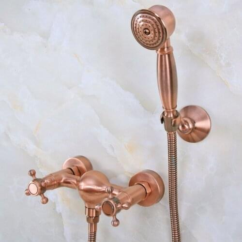 Antique Red Copper Brass Dual Cross Handles Wall Mounted Bathroom Hand Held Shower Head Faucet Set Mixer Tap ana295