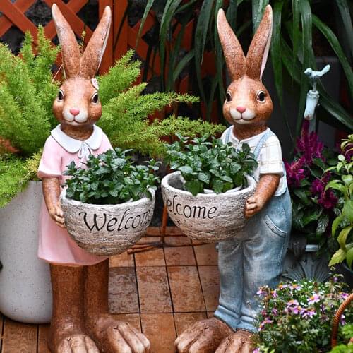 Large 72cm Outdoor Garden Decor Rabbit Mr Hold Welcome Letter Statue Flower Pot Vintage Vase Animal Art Sculpture Accessories
