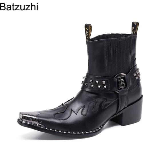 Batzuzhi Rock Genuine Leather Ankle Boots Men Western Cowboy Men Boots Pointed Toe Iron Head Black Riding/Motorcycle Party Botas