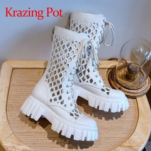 Krazing Pot summer boots genuine leather round toe high heel vintage lace up thick bottom hollow out lace up mid-calf boots L8f2
