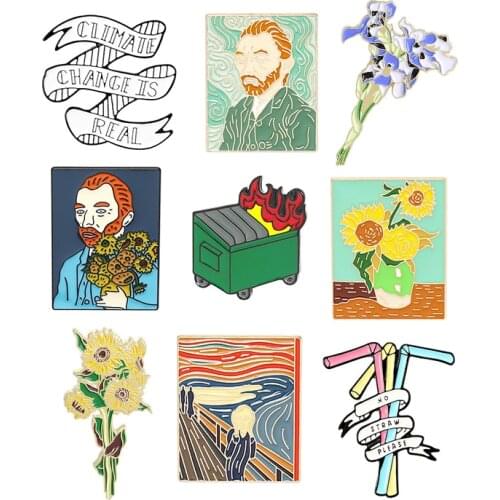 Van Goghs self portrait Enamel Brooch Oil painting art Lapel Pin Sunflower Iris Bouquet Brooches Banner pipette Custom Badge
