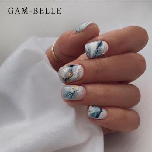 GAM-BELLE Gradient Marble Gold Foil False Nails Square Shape Artificial Press On Nail Tips Elegant Nail Decoration Manicure Tool