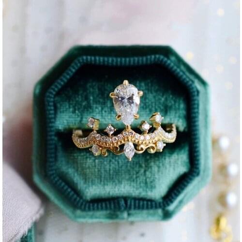 Fine Jewelry Princess Crown Rings With Luxury Water Drop Shiny Zircon Unusual Ornaments For Women Wedding Engagement Gifts