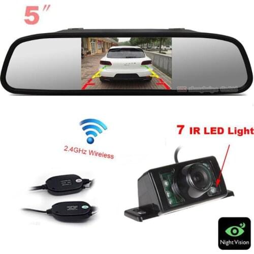 Wireless 5 inch Monitor Mirror Car Rear view Camera BackUp 7 LED IR Reversing Cam Parking Assist For AUDI/BWN/Toyota/VW Any car