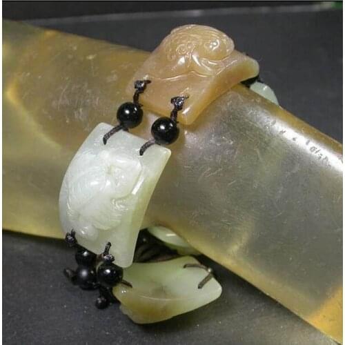 Chinese Natural Hetian Nephrite Jade Beads Bangle Bracelet Frog centipede 403718