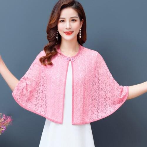 Lace short cloak shawl women summer hollow out cardigan with flower buckle loose thin o neck pashmina mom small jacket dropship