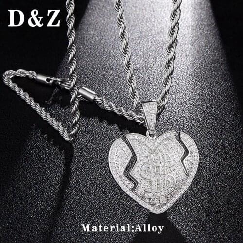 D&Z Personality Shiny Broken Heart with Dollar Sign Necklace Pendants For Men Iced Out Rapper Jewelry Long Necklace