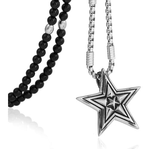 Punk Stainless Steel Pentagram Star Arrow Pendant Necklace with Black Natural Stone Bead Necklace 26"