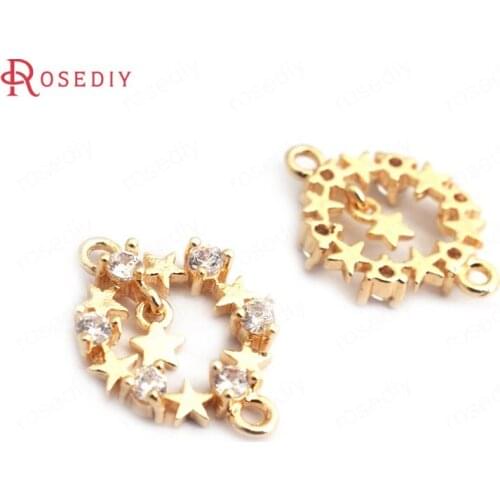 F066)6 pieces 18x12.5mm 24K Gold Color and White Zircon Brass Circle Star Connect Charms Pendants Jewelry Findings Accessories