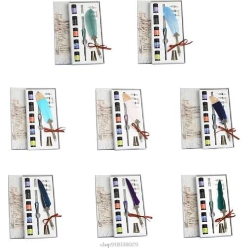 1 Set Vintage Calligraphy Feather Dip Pen Fountain Pens Writing Ink Nibs Stationery School Mar10 21 Dropship