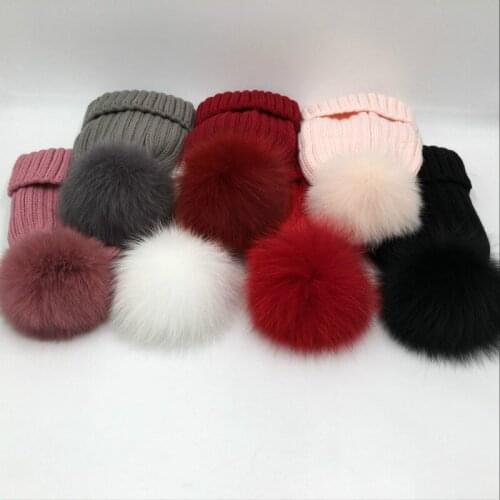 Which in shower genuine fox fur hat women girl thick warm bobble knitted winter skullies beanie family fur pompom fashion cap