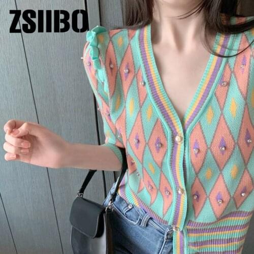 Top women 2021 new summer retro V-neck sweater thin knit short-sleeved cardigan jacket cardigan sweater Ladies winter sweater