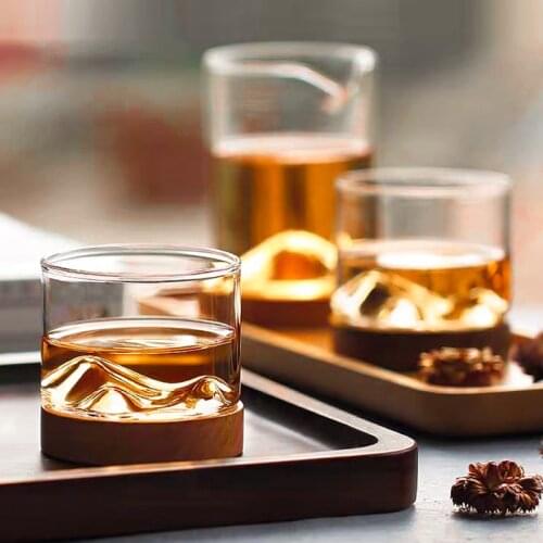 Japanese Transparent Mountain Glass Teacup with Wooden Base Creative Heat Resistant Beer Glass Wine Water Tea Cup Set Drinkware