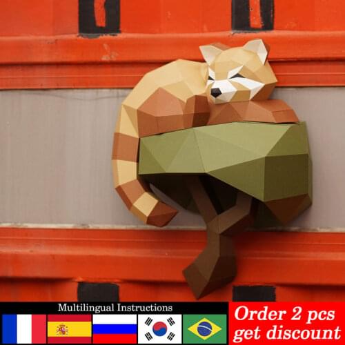 Pre-cut Red Panda Raccoon Animal Paper Model Wall Decor 3D Decoration,Low Poly Papercraft,Handmade DIY Adult Craft Toy RTY125
