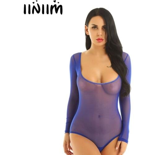 Womens Sheer Mesh One Piece Jumpsuit Lingerie Sexy Open Bust High Cut Thong Teddy Bodysuit Long Sleeves Belly Dance Body Leotard