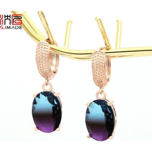 SJMADE Europe America Vintage Egg Shape Oval Imitation Tourmaline Dangle Earrings 585 Rose Gold For Women Girls Wedding Jewelry