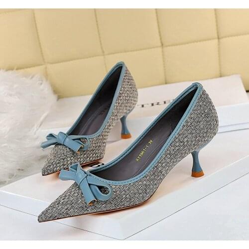 2021 Spring Fashion Women 6cm Blue Thin High Heels Pumps Stiletto Sweet Lady Butterfly Knots Office Ladies Bridal Dress Shoes