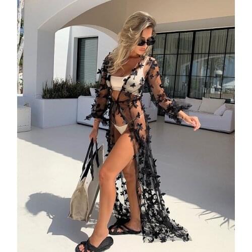 2021 New Style Summer Womens Long Swimsuit Cover Up Sexy Open Front 3D Butterfly Flowy Kimono Cardigan