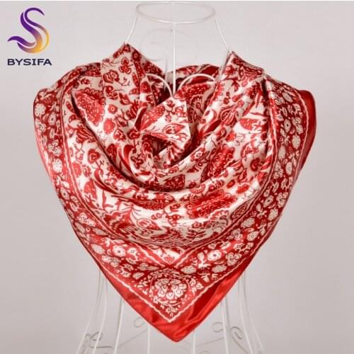 [BYSIFA] Women Scarf Hijab New Watch Chain Design Red Silk Square Scarf Shawl Cachecol Ladies Head Scarf Neck Scarf Cape Foulard