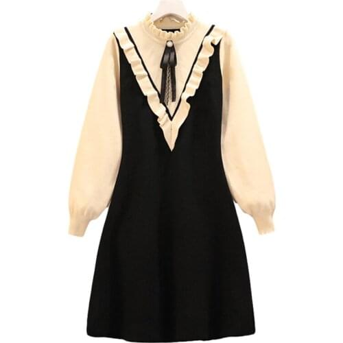 Women Knitted Sweater 2021 New Winter Sweet Cute Party Dress Long Sleeve Chic Streetwear Ladies Loose Ruff Black Dresses Clothes