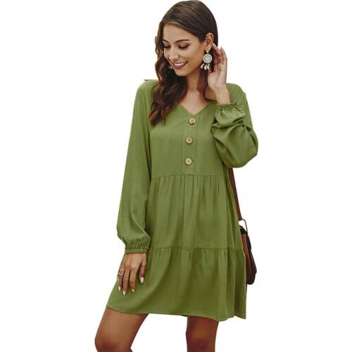 FORERUN Long Sleeve Dress Women Casual Mini Cotton Summer Dresses Deep V Neck Solid Button Loose Vestidos Verano Ropa Mujer