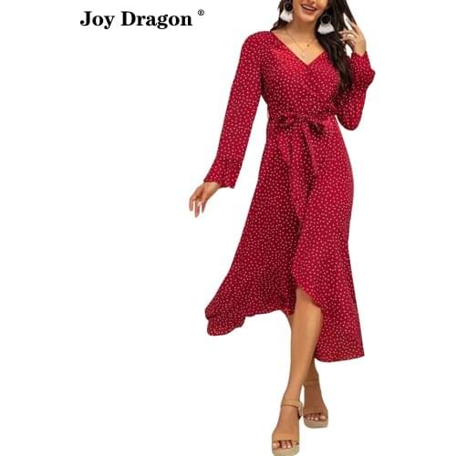 New Arrival Women Polkas Dot Long Sleeve Dress V Neck Slit Midi Party Beach Spilt Retro Bohemian Dresses Vetement Femme