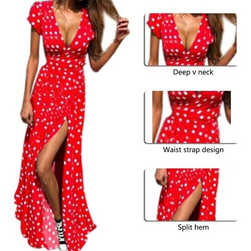 Women Dress Polka Dot High Split Dress Short Sleeve Sashes Maxi Long Dresses Plus Size Summer Sexy V-neck Beach Boho Dress
