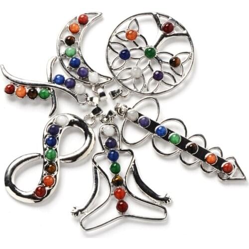 Angel Wings Health Amulet Fashion 7 Reiki Yoga Jewelry Necklace Pendants Gift Chakras Natural Stone Pendant 55cm steel chain