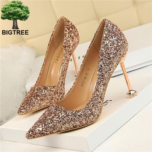 BIGTREE Classics Sequined Cloth Womens Wedding Shoes Fashion Women Pumps Shallow Pointed Toe High Heels Shoes Sexy Party Shoes