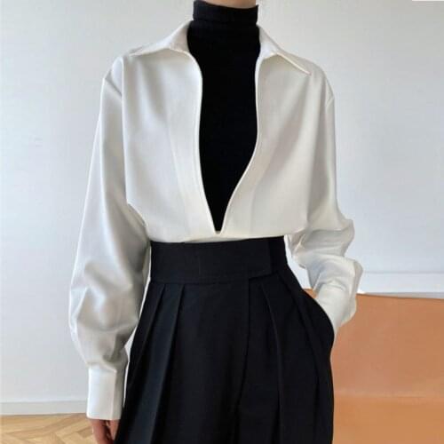 2021 Spring New Deep V-neck Woman Blouses Blusas Turn Down Collar Long Sleeve Loose Casual Solid Color Women Shirts Tops