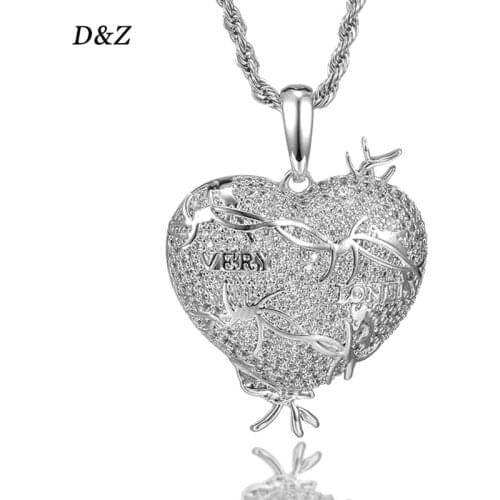 D&Z 'Very Lonely' Heart Shape Pendant Iced Out Cubic Zircon In White Gold Color Necklaces & Pendants For Men Jewelry Solid Back