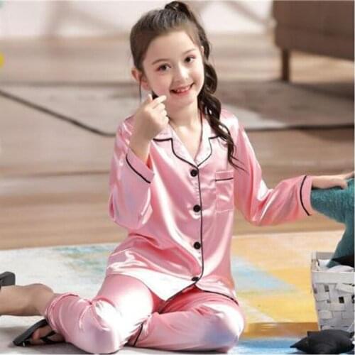 Button-Down Spring Autumn Children Satin Pajamas Sets Kids Girls Solid Silk Long Sleeve 2 Pieces Tops+Pants Sleepwear Pyjama