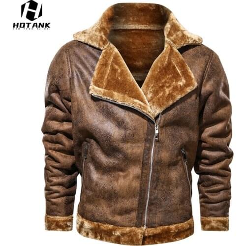 Fleece Leather Jacket Men Winter Vintage Fur Collar PU Leather Jackets Brown Coat Men Thick Warm Lined Turn Down Collar Parkas