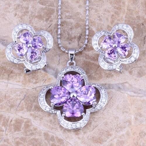 Gracious Purple Cubic Zirconia Silver Plated Earrings Pendant Necklace Jewelry Sets S0784