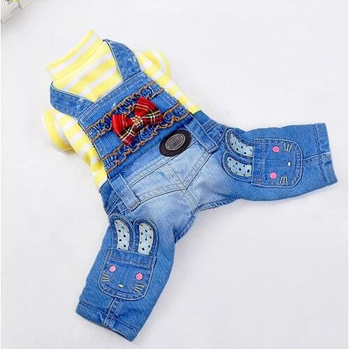 Pet Dog Clothes For Yorkshire Chihuahua Dogs Autumn And Winter Jacket Striped Jumpsuit With Denim Overalls Dog Jeans Clothing