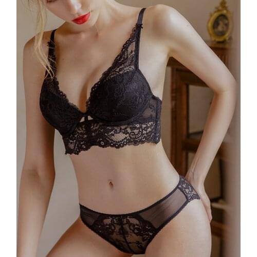 French Sexy Lace Deep V Plunge Push Up Bra and Panties Set Underwear Lingerie Women Medium Lined B C D Cup White Black Blue