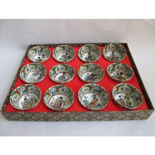 Hermoso chino clásico el sueño de las mansiones Rojas glaseado tazones de té conjunto de 12 caracteres