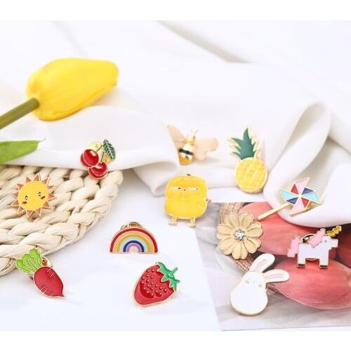 Cute Fruit Animal Yellow Chicken Pineapple Strawberry Rabbit Sun Bee Cherry Carrot Alloy Bag Brooches for Women & Kids & Couples
